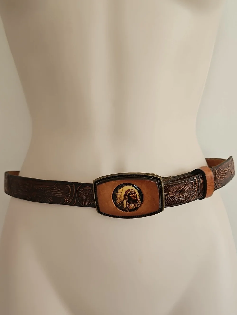 Vintage Western Indian Chief Eagle Leather Childs Belt 26